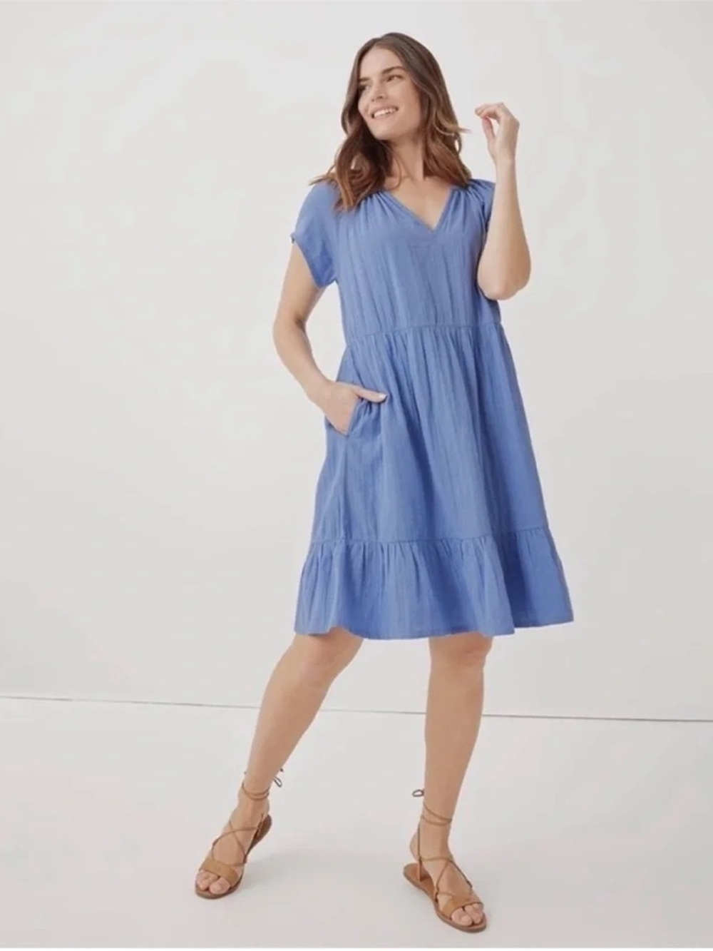 PACT Coastal Throw-and-Go Dress Double Gauze Cotton Periwinkle Size Small - Picture 2 of 7